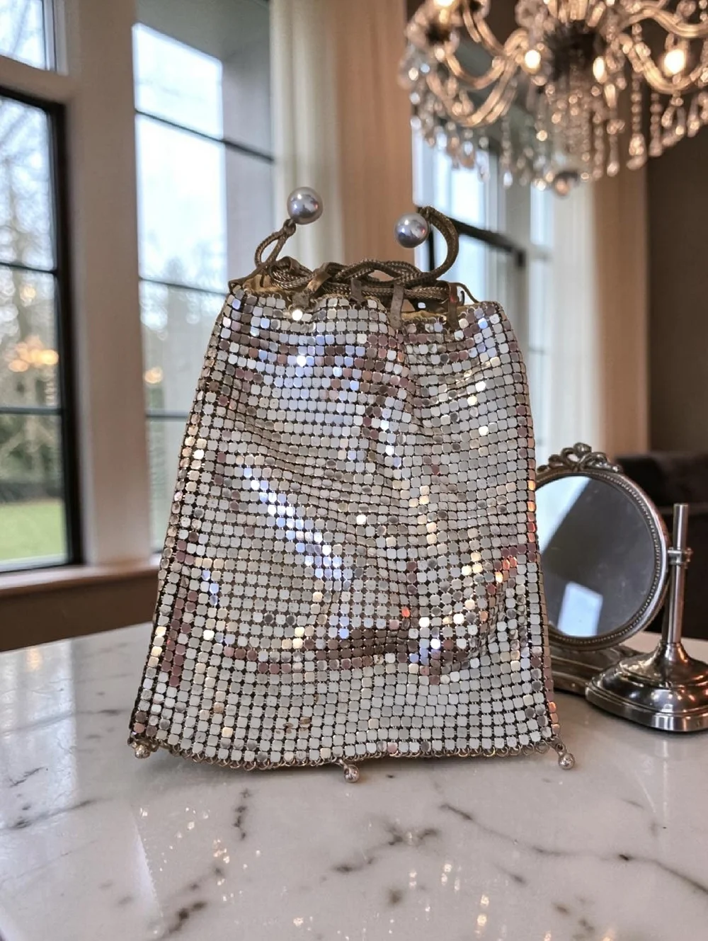 Vintage Whiting & Davis Style Silver Metal Mesh Drawstring Bag Purse Disco